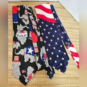 Lot of 2 Men's Patriotic Ties: G.O.P. Elephant & Waving American Flag Stars Euc